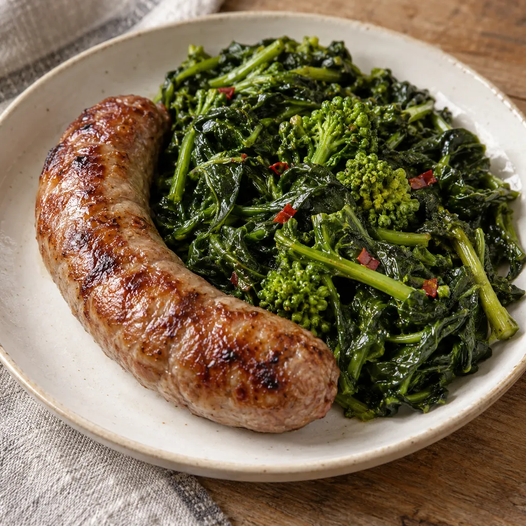 Salsiccia dorata con friarielli saltati e fiocchi di peperoncino su un piatto chiaro