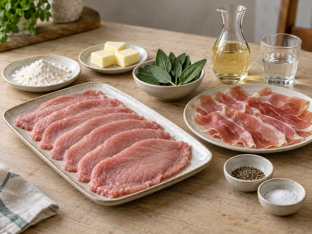 Vitello, prosciutto crudo, salvia, burro, farina e vino per i saltimbocca