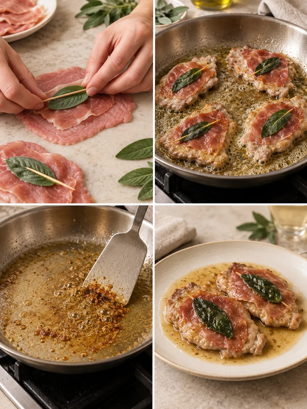 Preparazione dei saltimbocca, cottura in padella, fondo e piatto finito