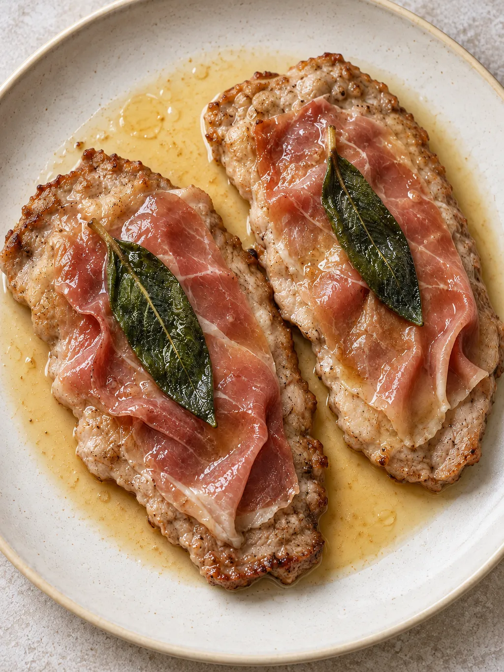 Due saltimbocca alla romana con salvia e salsa al burro su un piatto chiaro