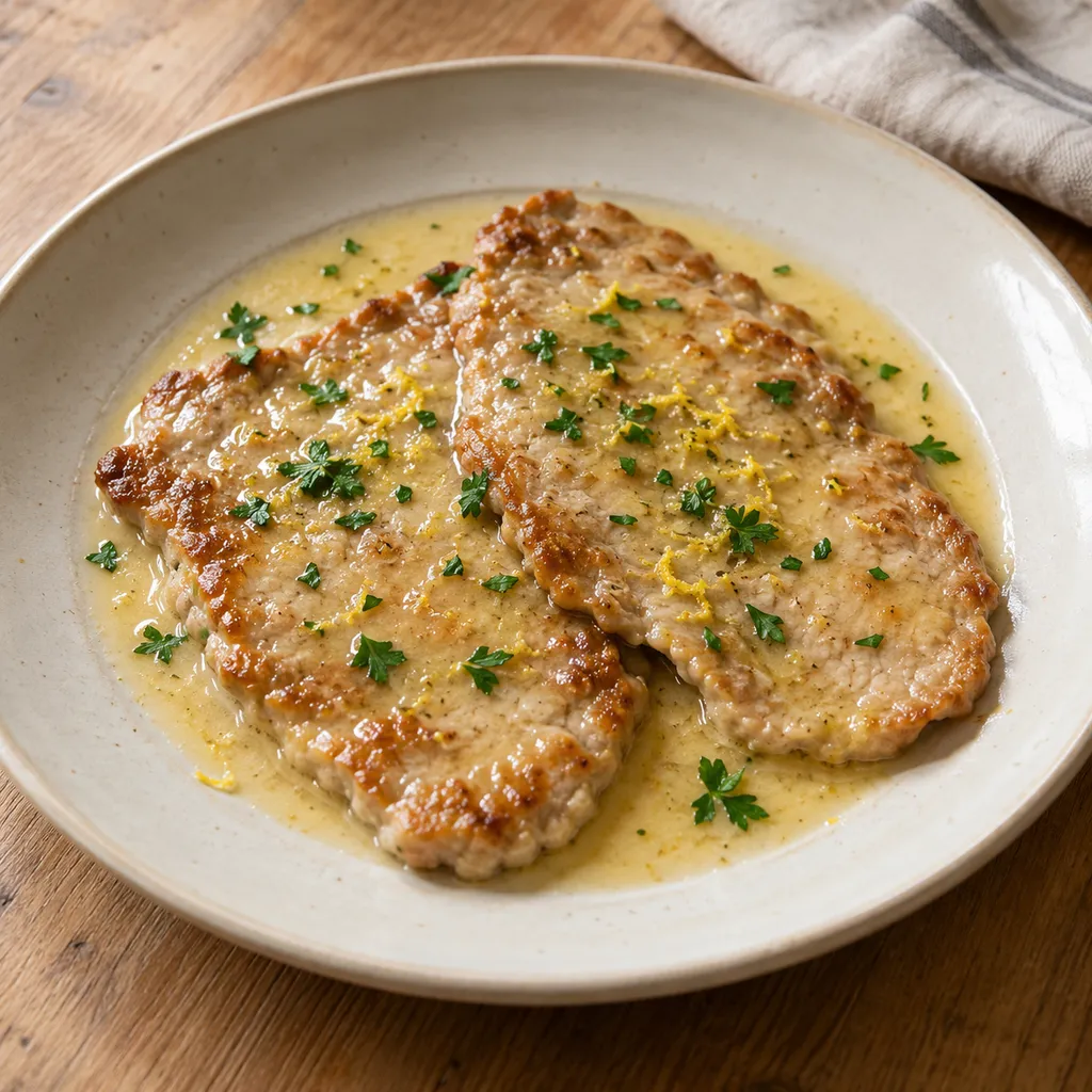 Scaloppine al limone con salsa chiara, prezzemolo e scorza grattugiata