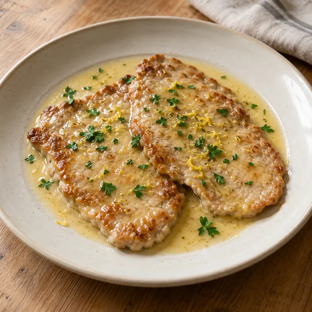 Scaloppine al limone con salsa chiara, prezzemolo e scorza grattugiata