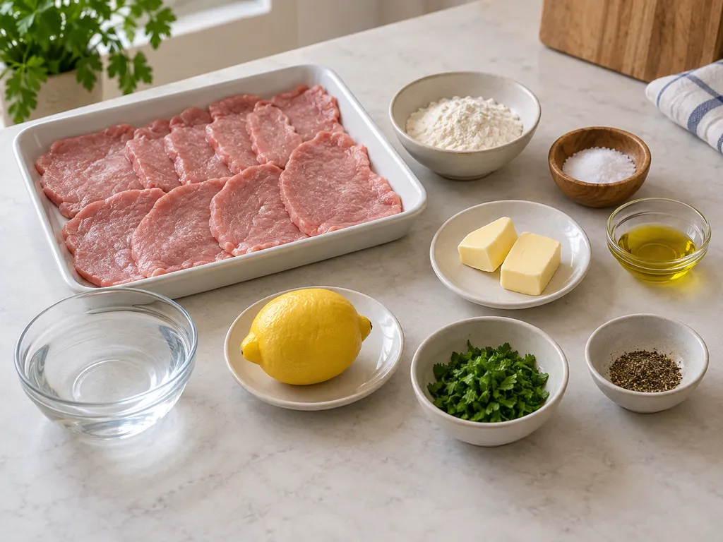 Vitello, farina, limone, burro, olio e condimenti per le scaloppine