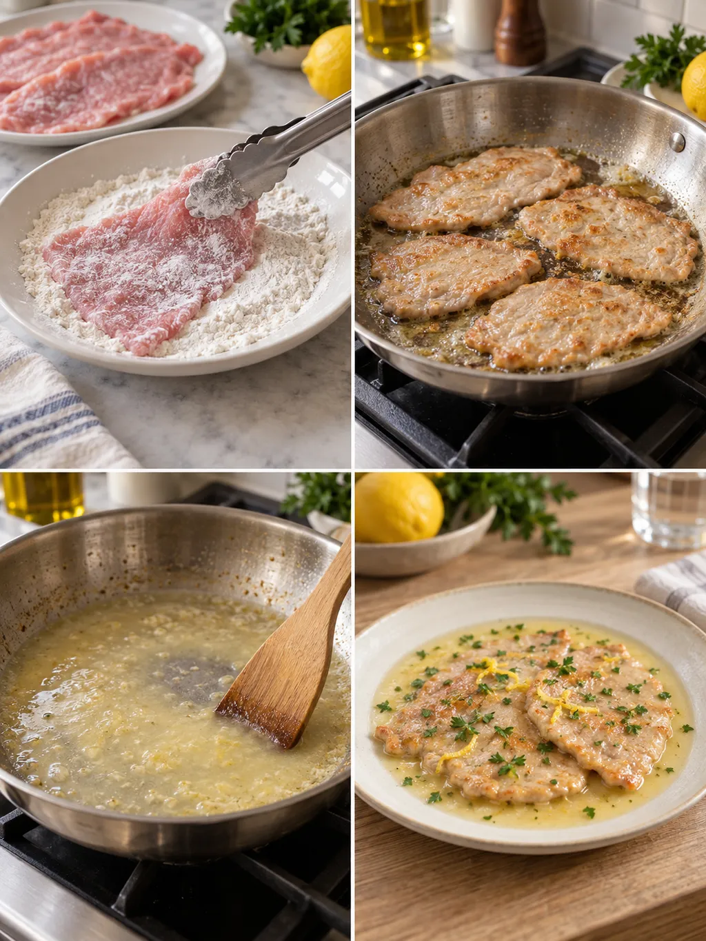 Preparazione delle scaloppine al limone dall'infarinatura al piatto finito
