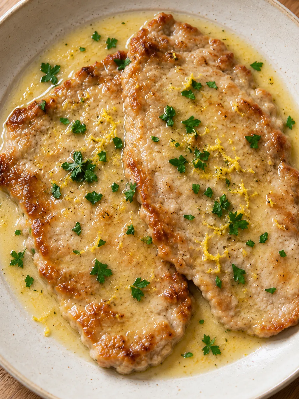 Scaloppine di vitello con salsa al limone e piccoli ciuffi di prezzemolo