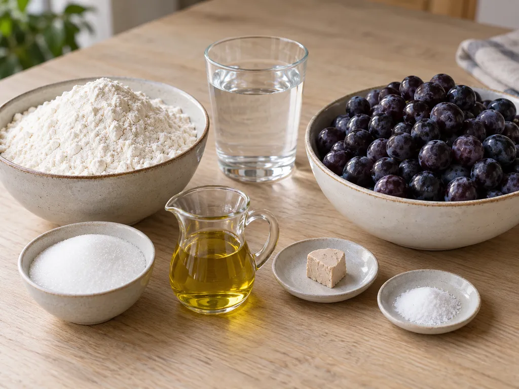 Uva nera, farina, acqua, lievito fresco, zucchero, olio e sale per la schiacciata