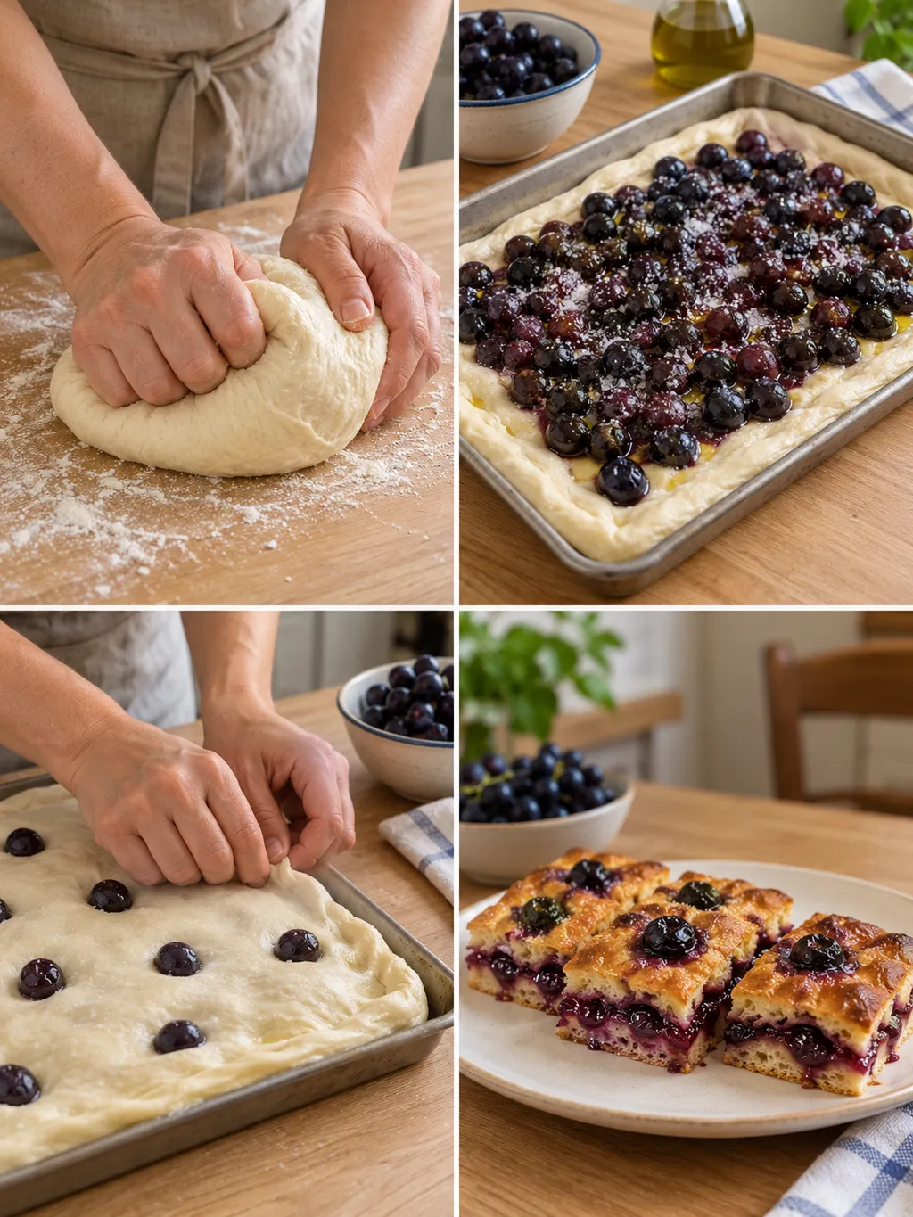 Impasto, farcitura, chiusura e quadrotti cotti di schiacciata all'uva fiorentina