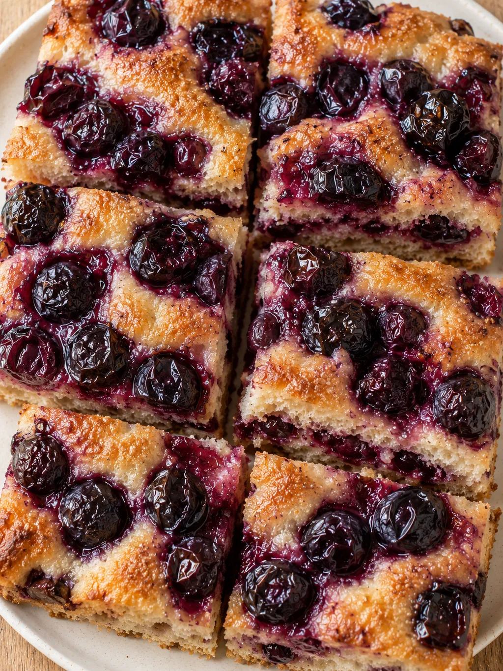 Quadrotti di schiacciata all'uva con acini neri cotti e superficie dorata