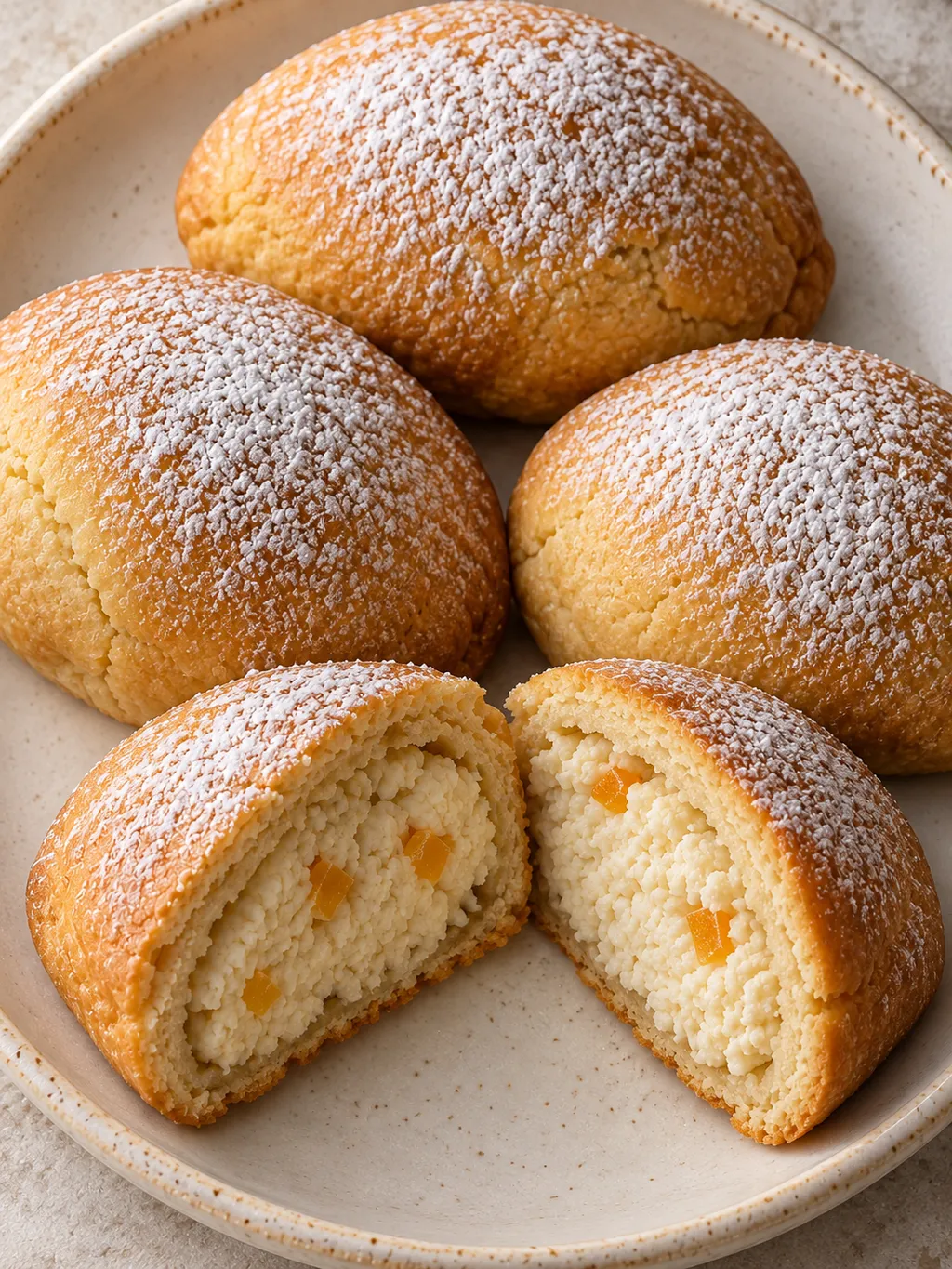 Sfogliatelle frolle con zucchero a velo e un taglio che mostra il ripieno all'arancia