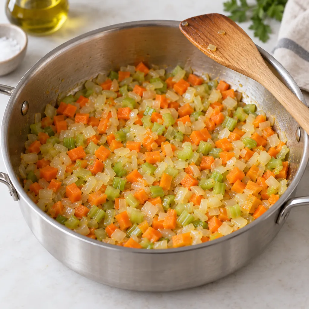 Soffritto di cipolla, carota e sedano morbido e leggermente lucido in una casseruola.