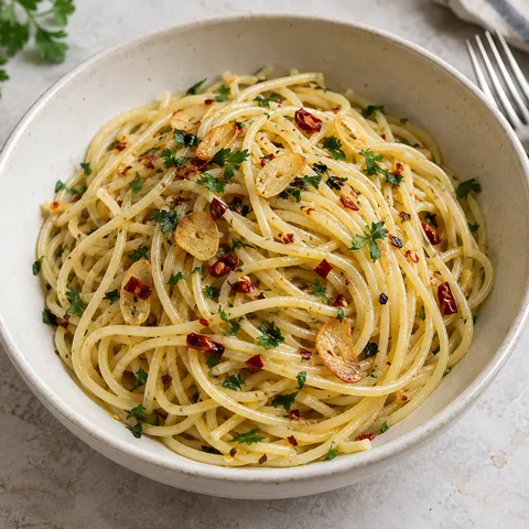 Spaghetti aglio, olio e peperoncino con fettine d'aglio dorate e prezzemolo
