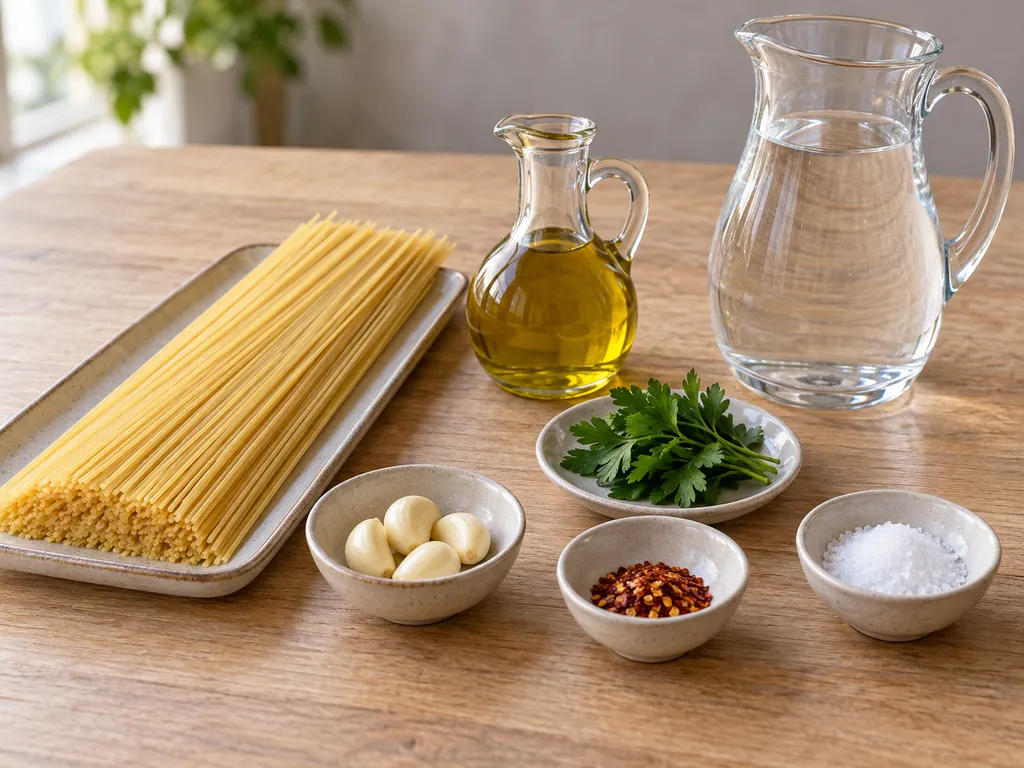 Spaghetti secchi, aglio, olio extravergine, peperoncino, prezzemolo, sale e acqua