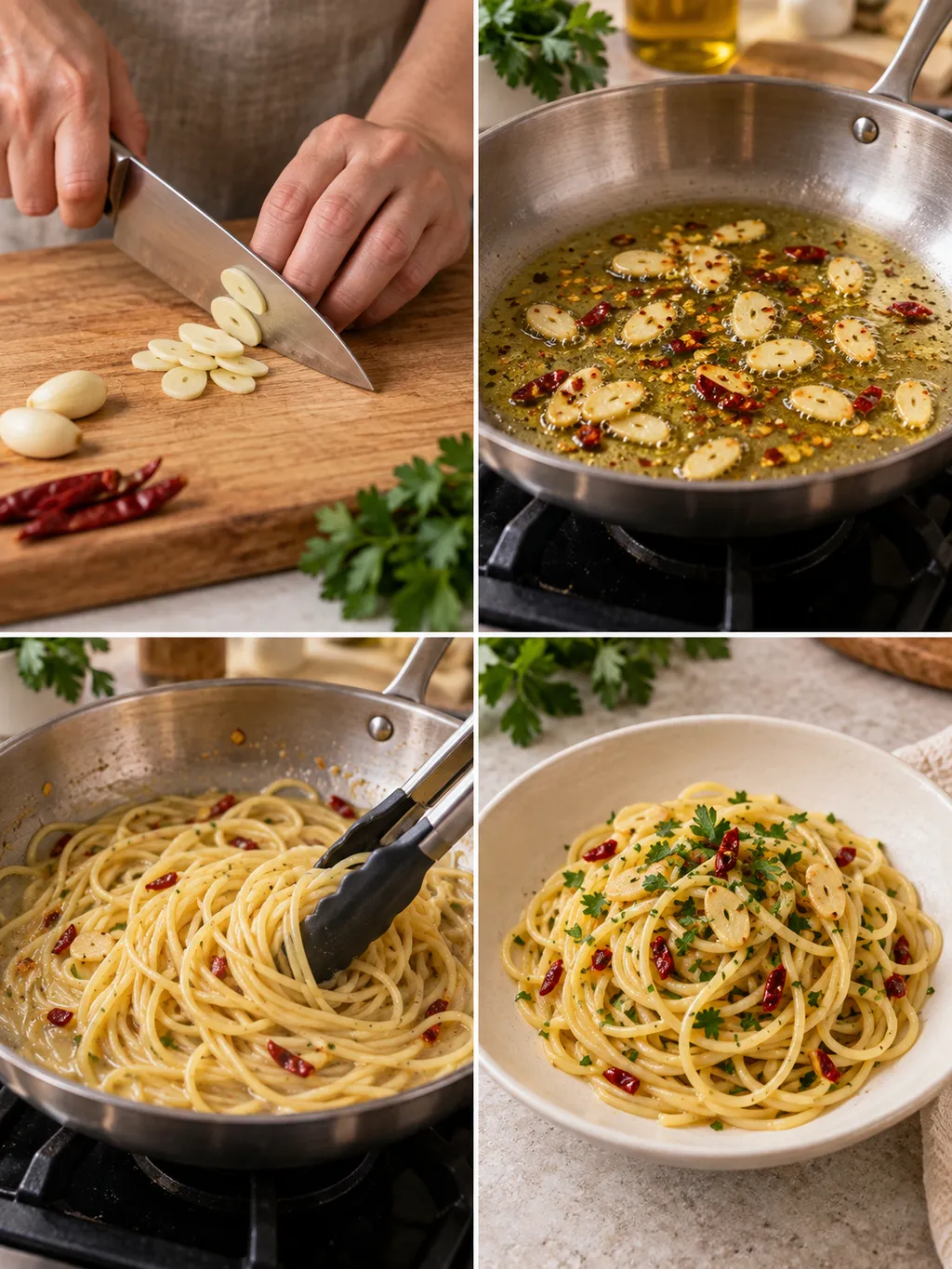 Preparazione degli spaghetti con aglio affettato, condimento in padella e piatto finito