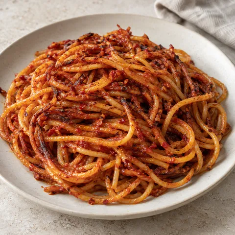 Spaghetti all'assassina con pomodoro rosso intenso e tratti di pasta bruniti