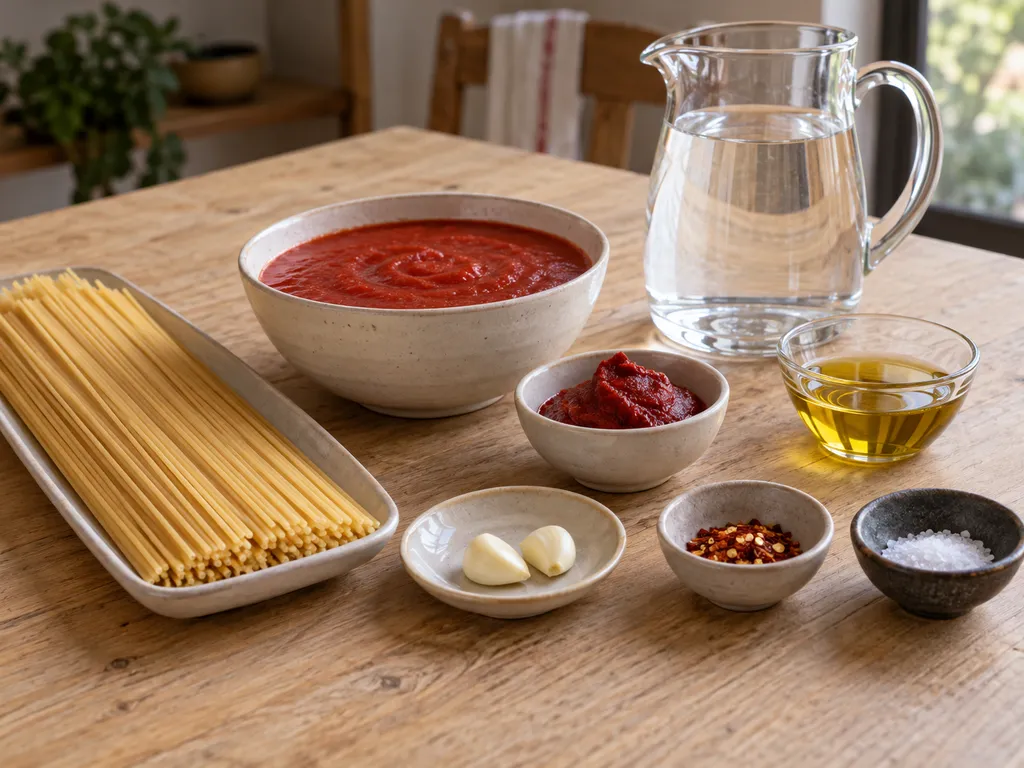 Spaghetti secchi, passata, concentrato, aglio, olio, peperoncino, sale e acqua