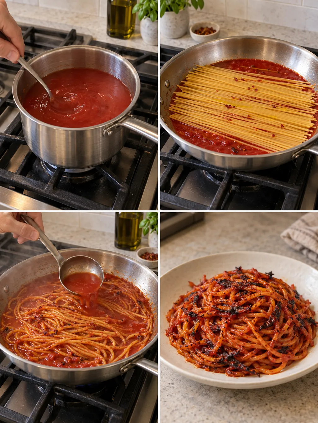 Preparazione degli spaghetti all'assassina dal liquido al pomodoro al piatto pronto