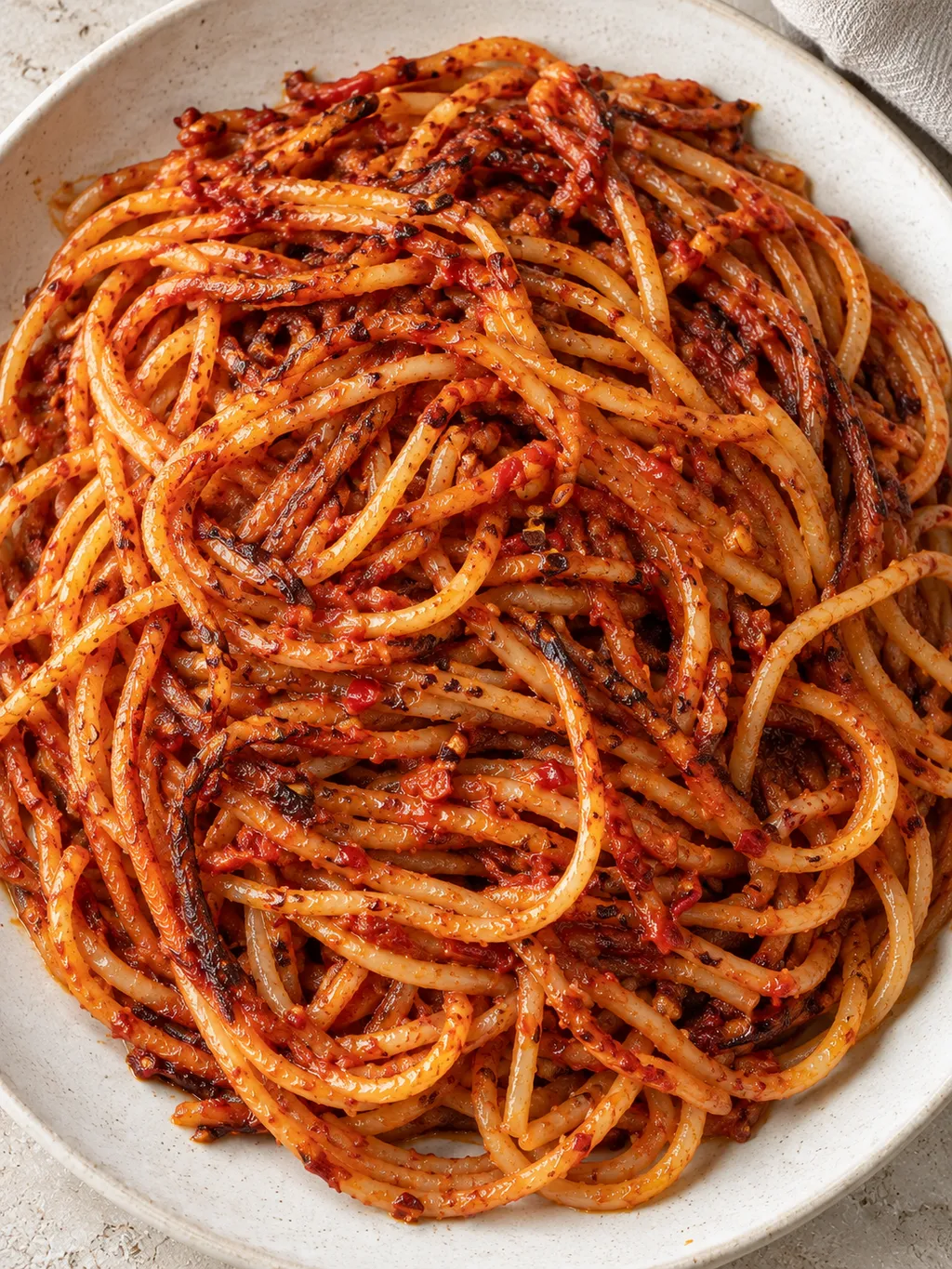 Spaghetti all'assassina al pomodoro e peperoncino con crosticina brunita