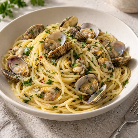 Spaghetti alle vongole in bianco con gusci aperti e prezzemolo