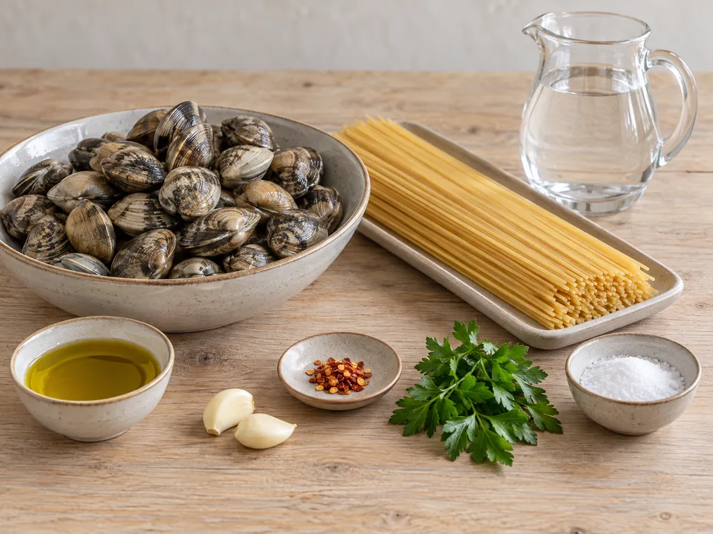 Vongole, spaghetti, olio, aglio, prezzemolo, peperoncino, sale e acqua