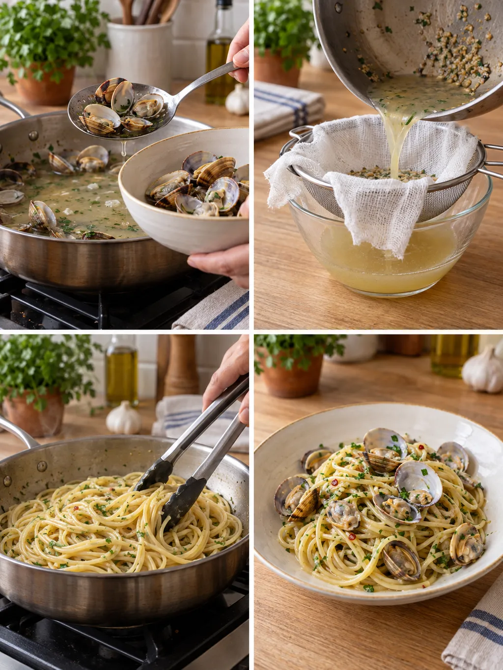Preparazione degli spaghetti alle vongole con filtraggio del fondo e piatto finito