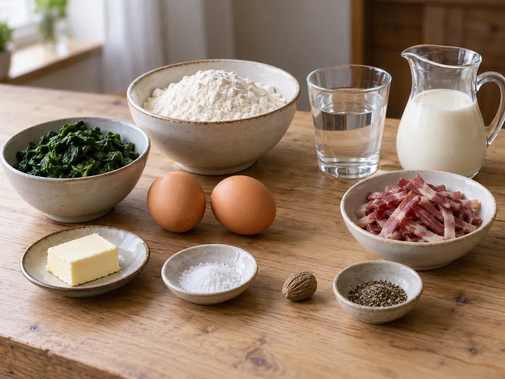 Spinaci cotti, uova, farina, panna, speck e altri ingredienti per gli spätzle