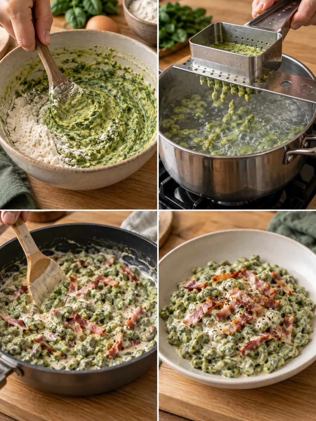 Preparazione degli spätzle agli spinaci e piatto finito con panna e speck