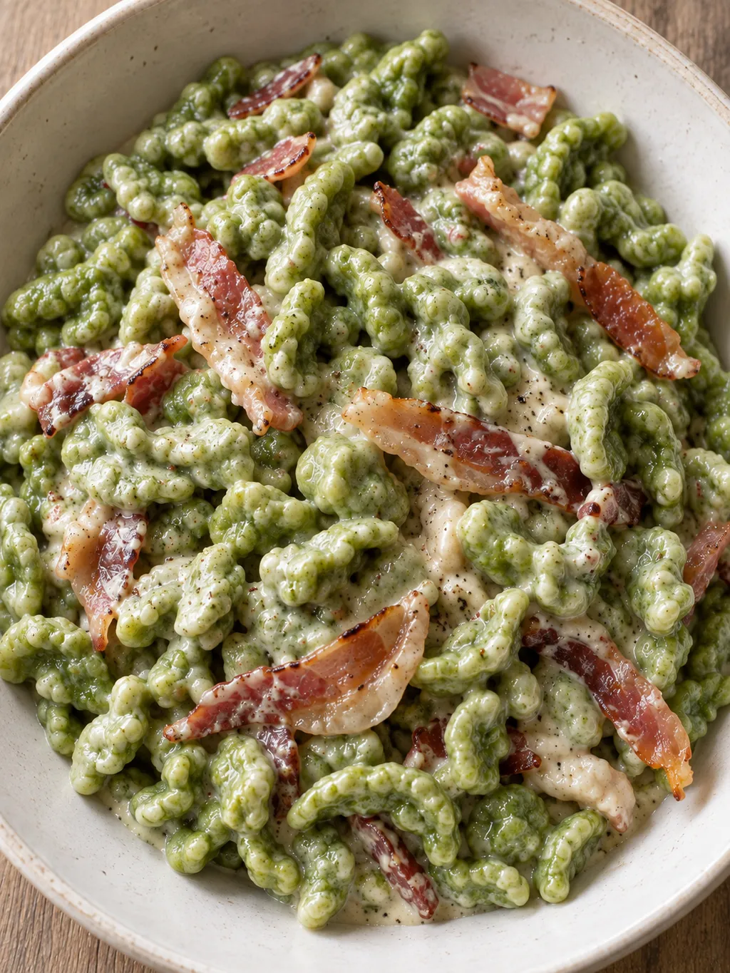 Spätzle agli spinaci avvolti nella panna con speck dai bordi dorati