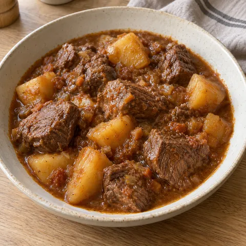 Spezzatino di manzo con patate in un fondo bruno al pomodoro