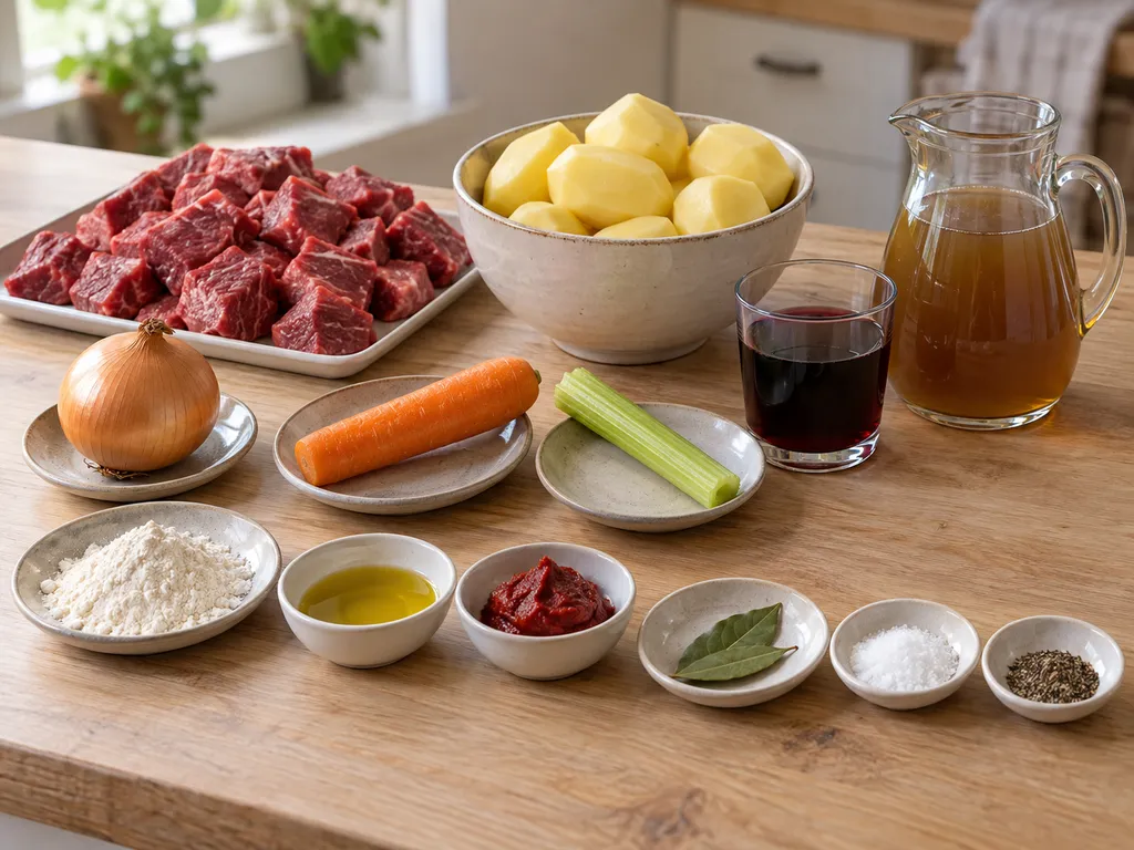 Manzo, patate, verdure, vino rosso e altri ingredienti dello spezzatino
