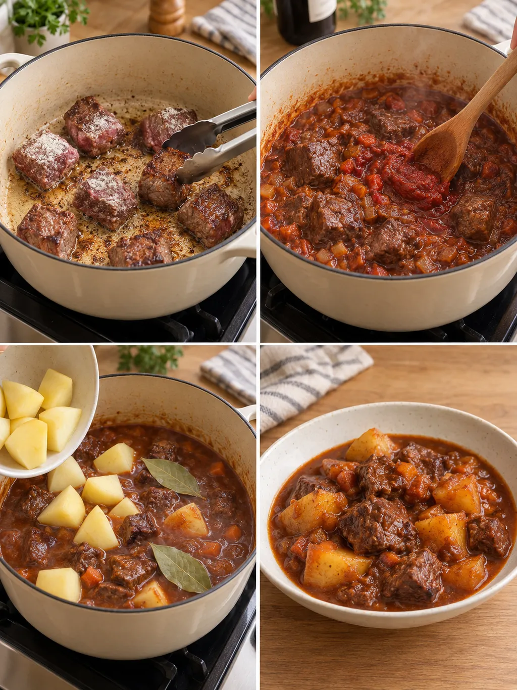 Rosolatura del manzo, preparazione del fondo, aggiunta delle patate e spezzatino pronto