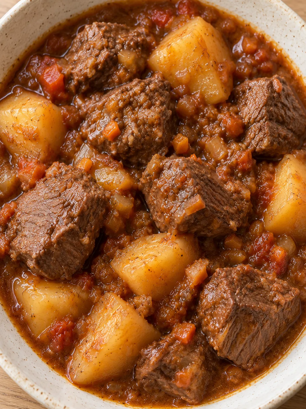 Bocconi di manzo e patate tenere ricoperti dal sugo dello spezzatino