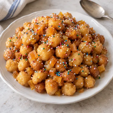 Struffoli napoletani al miele con arancia candita e confettini colorati