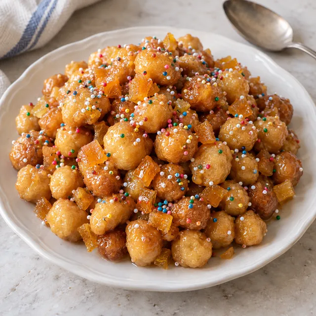 Struffoli napoletani al miele con arancia candita e confettini colorati