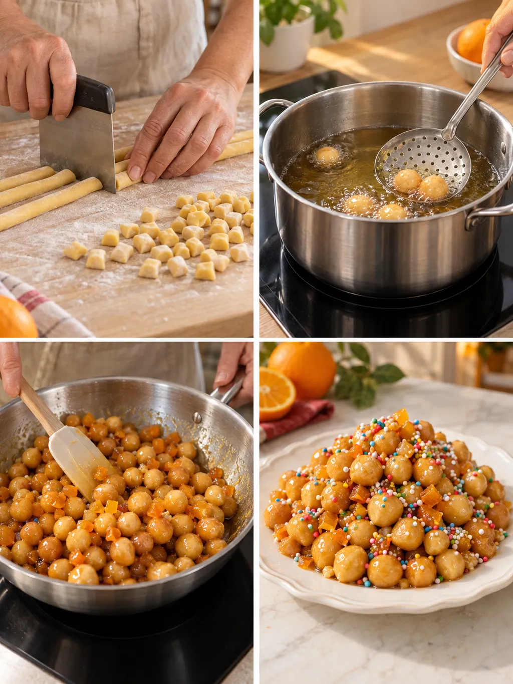 Taglio, frittura e copertura al miele degli struffoli con il dolce finito