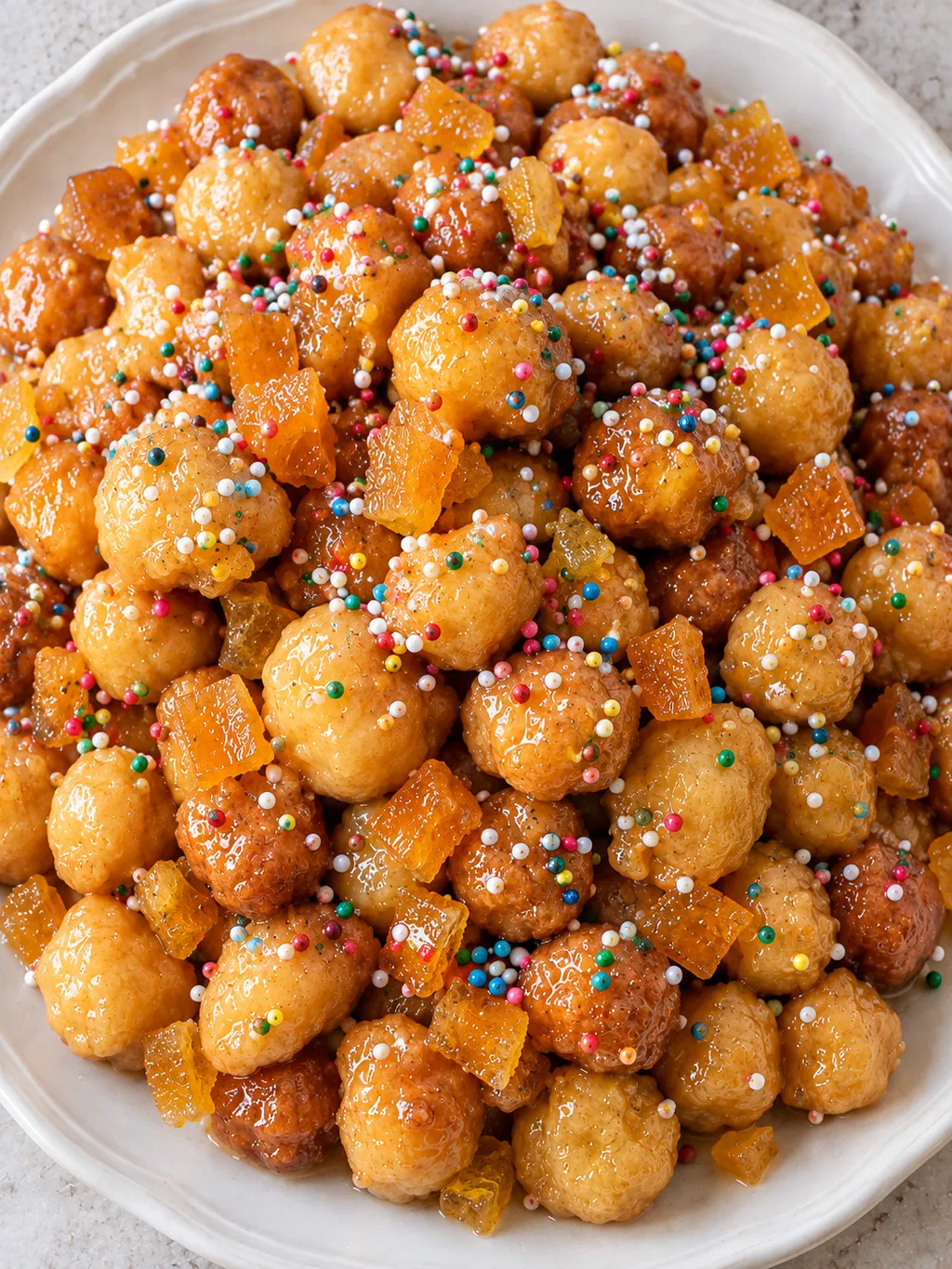 Palline dorate di struffoli al miele decorate con canditi e confettini