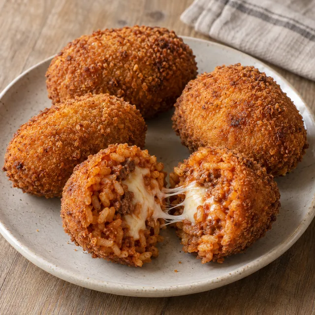 Supplì dorati con riso al ragù e mozzarella filante tra le due metà