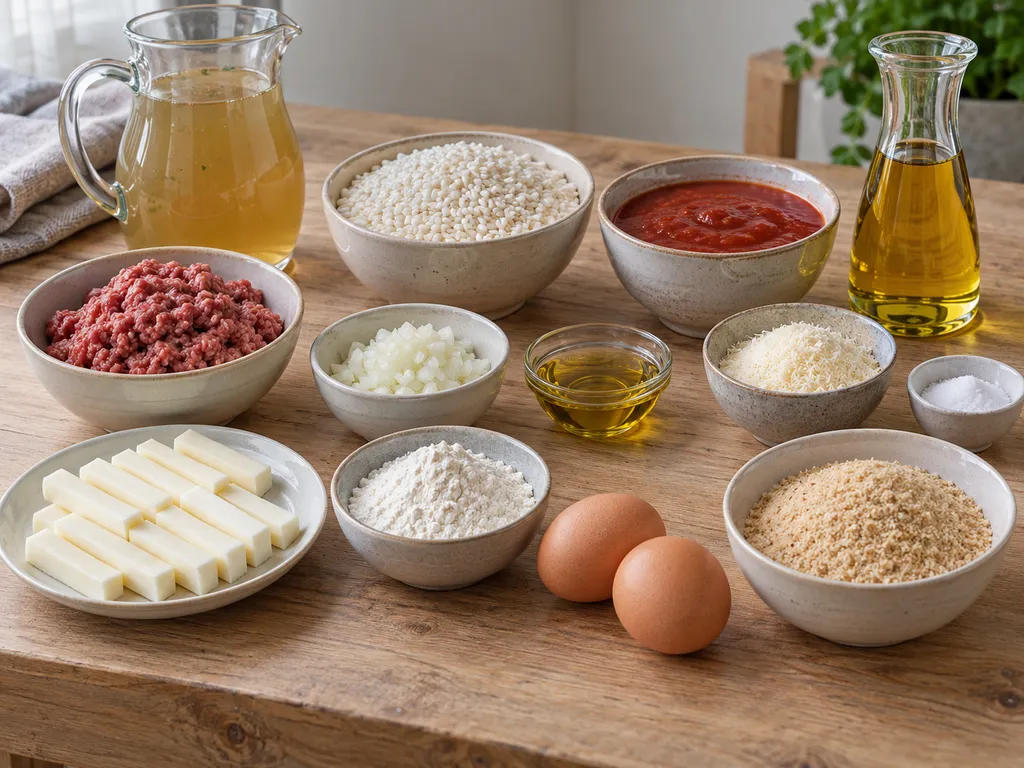 Riso, pomodoro, manzo, mozzarella e ingredienti della panatura per i supplì
