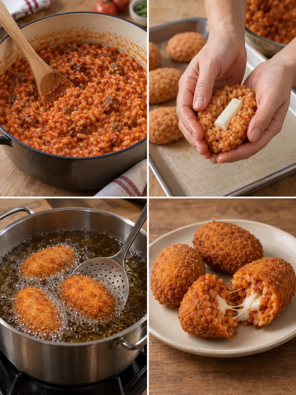 Preparazione dei supplì dal riso al ragù alla crosta dorata con cuore filante