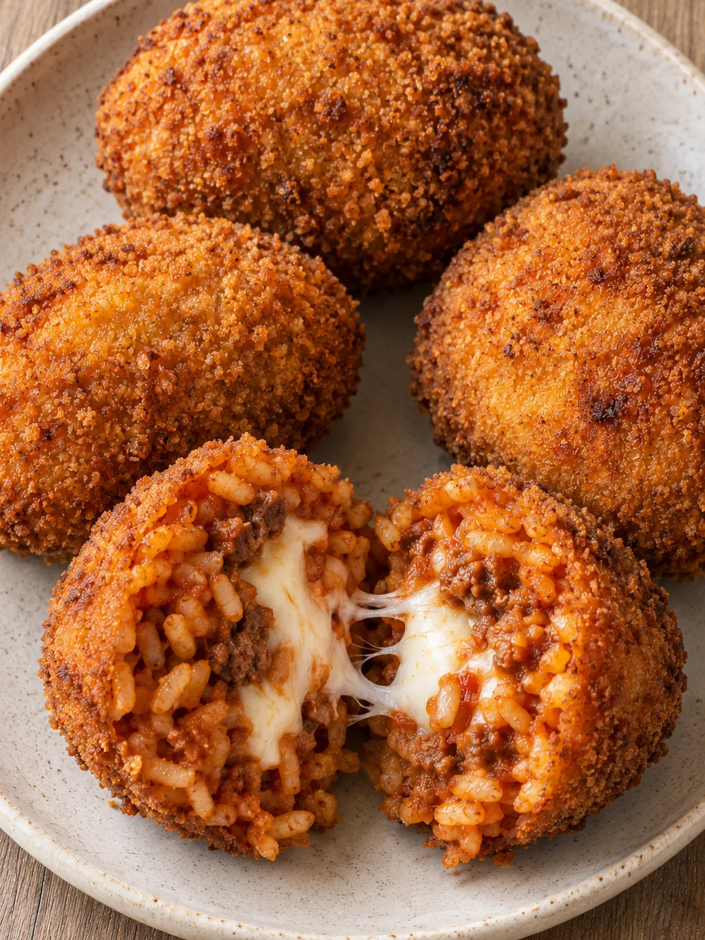 Supplì al telefono croccanti con il cuore di mozzarella e il riso rosso visibili
