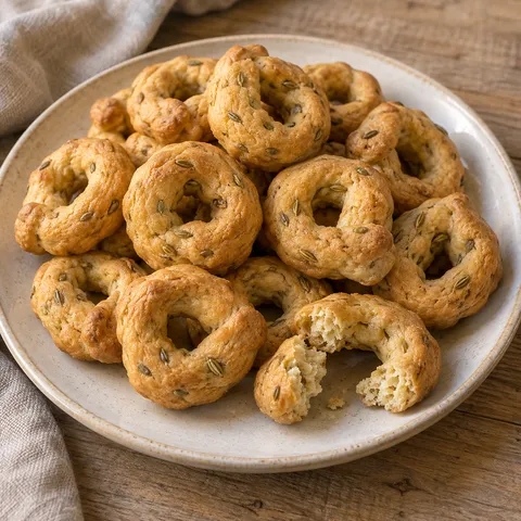 Taralli pugliesi dorati con semi di finocchio e un anello spezzato nel piatto