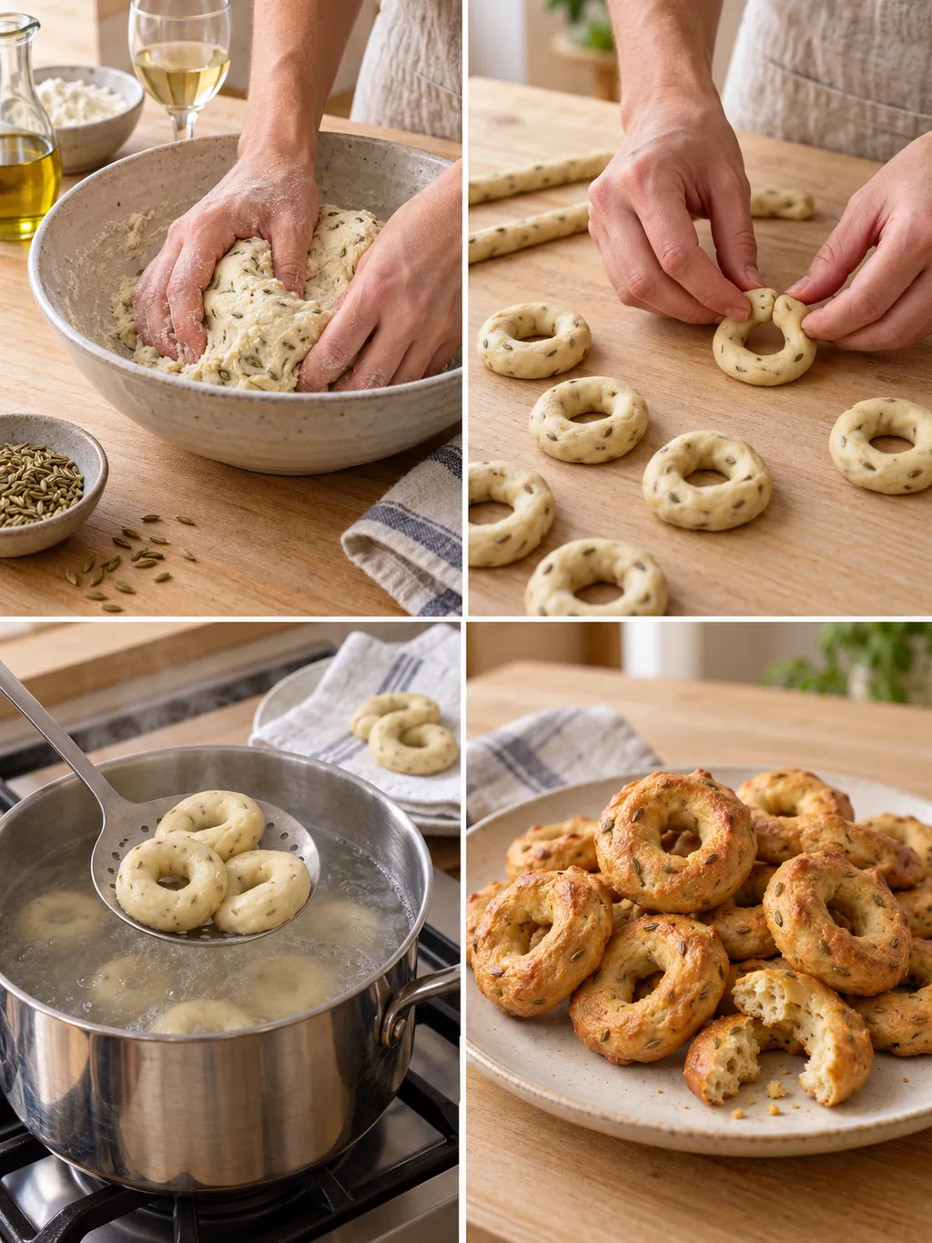 Preparazione dei taralli al finocchietto, dall'impasto agli anelli dorati nel piatto