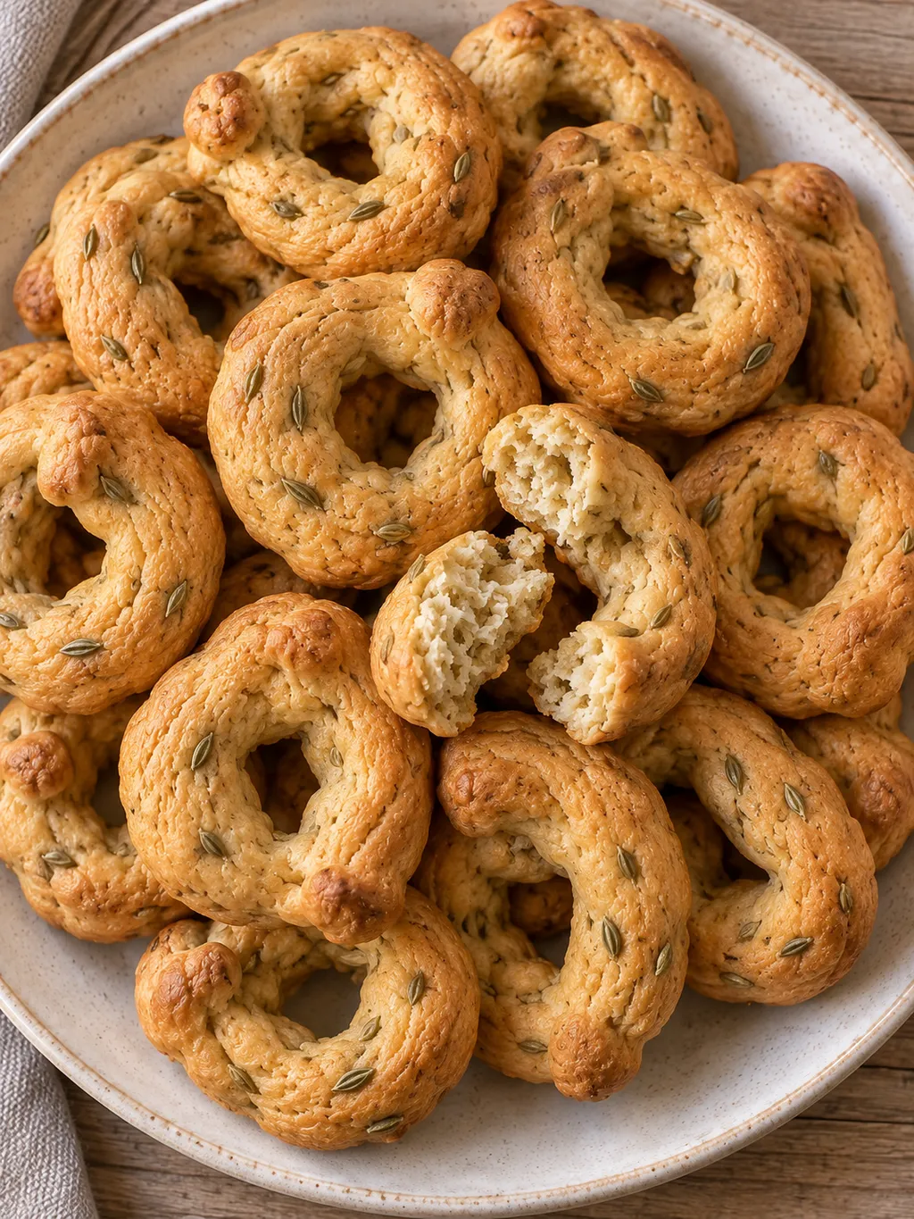 Taralli pugliesi al finocchietto con superficie dorata e interno friabile