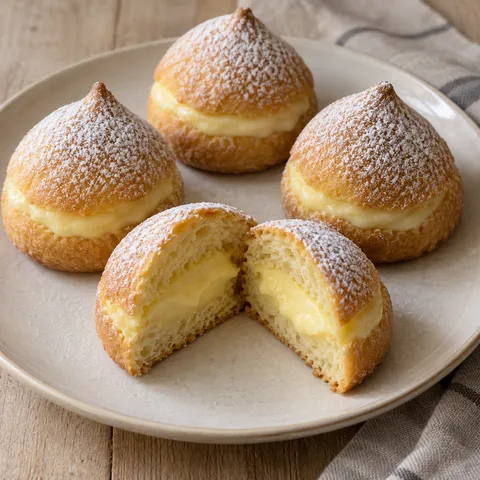Tette delle monache con zucchero a velo e ripieno di crema al limone