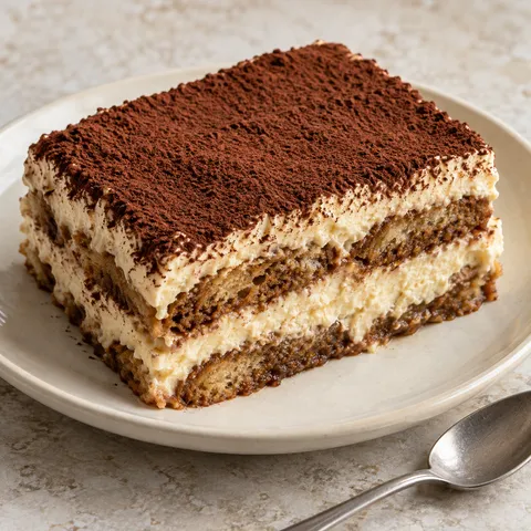 Tiramisù classico con due strati di savoiardi al caffè, crema al mascarpone e cacao