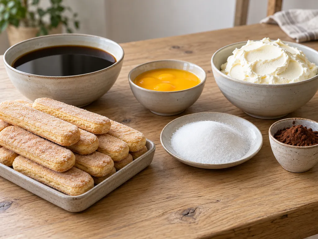 Mascarpone, savoiardi, tuorli pastorizzati, zucchero, caffè e cacao per il tiramisù