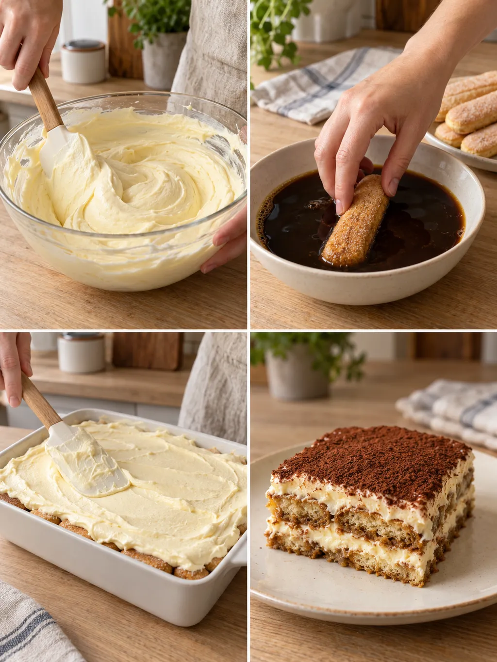 Preparazione della crema, bagna dei savoiardi, assemblaggio e porzione di tiramisù