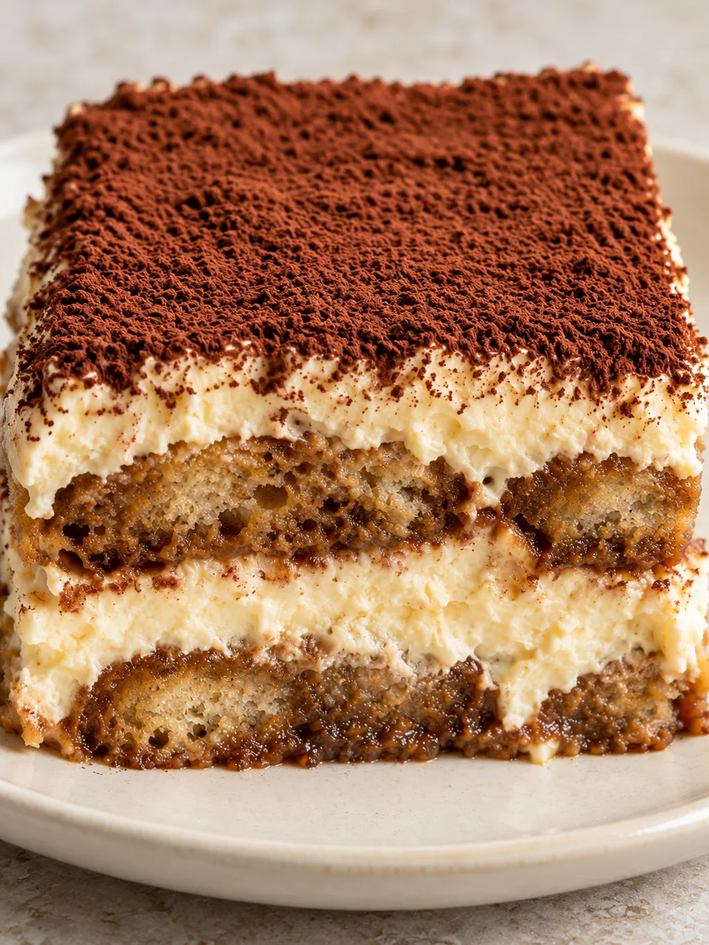 Porzione di tiramisù con savoiardi al caffè, crema chiara e cacao amaro