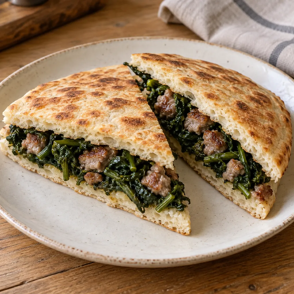 Spicchi di torta al testo umbra farciti con salsiccia e cicoria
