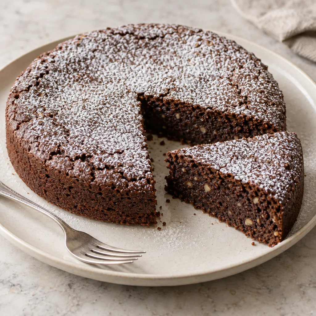Torta caprese al cioccolato con zucchero a velo e una fetta dalla mollica umida