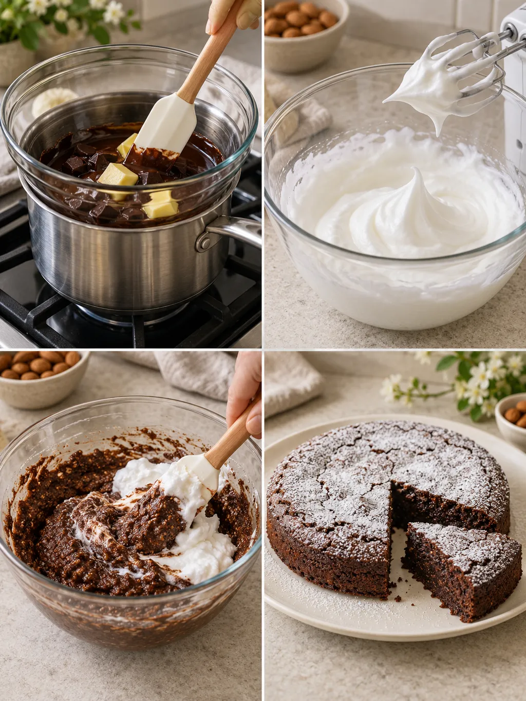 Cioccolato fuso, albumi montati, impasto della caprese e torta finita con una fetta